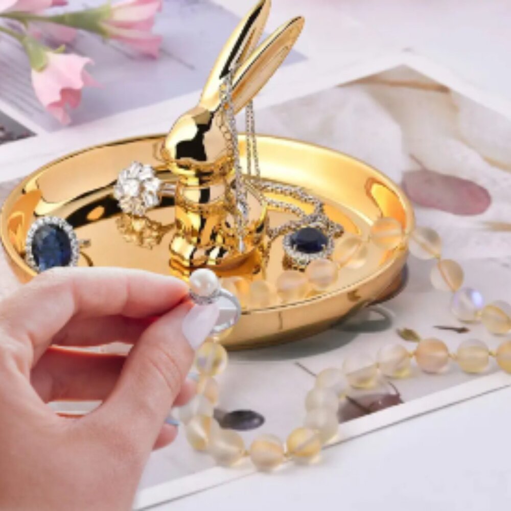 Gold Tray Bunny Design Ceramic Jewelry Holder